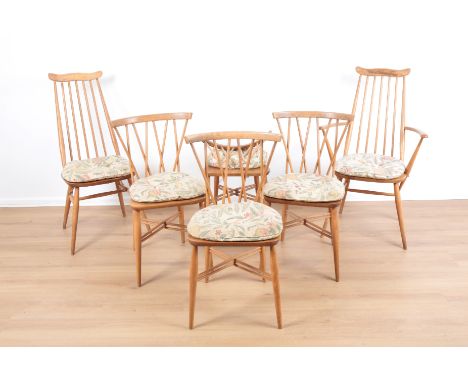 ERCOL, MODEL NO. 376: FOUR BEECH AND ELM 'CANDLESTICK' CHAIRSstamped 'B.S. BF 1960 2056' to the underside, 78cm high x 45cm w