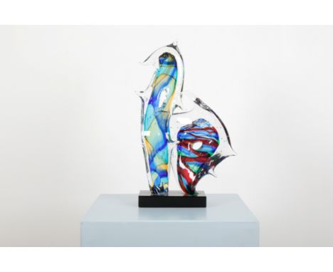 ZANETTI, ITALY: A MURANO ART GLASS TWIN AQUATIC FISH SCULPTUREVenetian, the clear bubbled glass with green, blue, red and yel