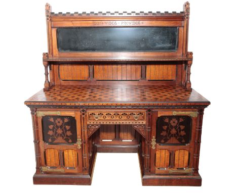 A VICTORIAN GOTHIC REVIVAL OAK AND MARQUETRY SIDEBOARD IN THE MANNER OF CHARLES BEVANthe upper section with a castellated ped