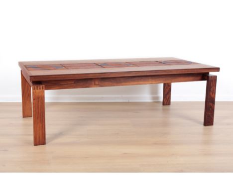 A ROSEWOOD AND TEAK TILED COFFEE TABLE BY OX-ART FOR TRIOH probably 1970s, with dovetail detailing to the side, stamped 'Made