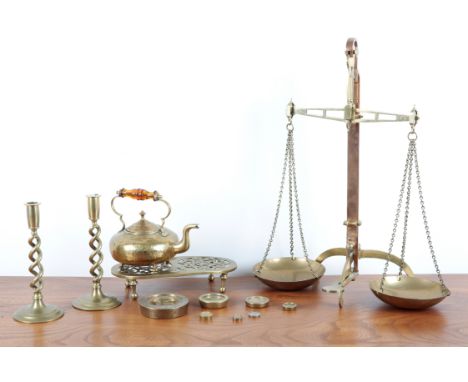 A COLLECTION OF BRASSWARE comprising a set of scales stamped 'DAY & MILWARD', 61cm high, together with a pair of open barley 