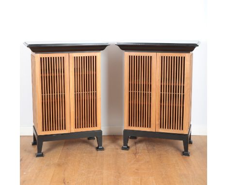 A PAIR OF CONTEMPORARY BESPOKE CABINETSwith slat-work bodies and twin-cupboard doors opening to reveal shelved interiors, 122