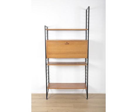 A 'LADDERAX' TEAK AND BLACK ENAMELLED SYSTEMcomprising a bureau/drinks cabinet with burr wood interior, 40cm high x 89cm long