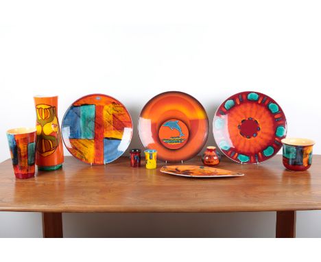 A COLLECTION OF POOLE POTTERY VOLCANO MANHATTAN WAREincluding two large vases, the largest measuring 40cm high x 14cm diamete