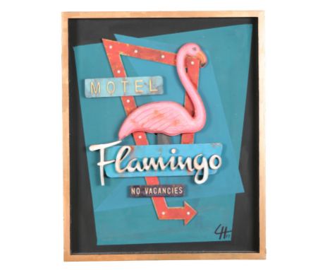 LOGAN HARVEY (CONTEMPORARY) 'Motel Flamingo No Vacancies' 2017, monogrammed lower left, mixed media on board, 73cm x 59cm