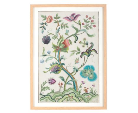 A FRAMED SILK EMBROIDERY OF A FLOWER BASKET overspilling with blooms; together with three similar wool work floral embroideri