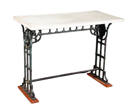 A CAST IRON AND MARBLE TOP TAVERN TABLEstamped 'RD 175027', the rectangular top with moulded edge on openwork ends, each cast