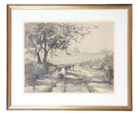 ENGLISH SCHOOL, 20TH CENTURY Farm track in summercattle and farmer meandering towards a gate, watercolour and charcoal, 17cm 
