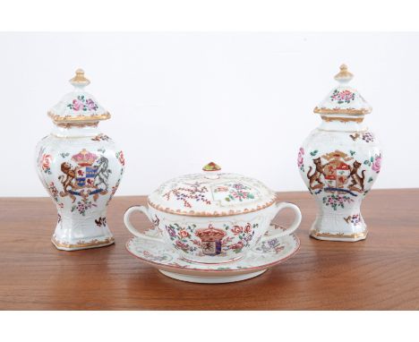SAMSON, EDME & CIE OF PARIS: A PAIR OF LIDDED ARMORIAL JARS late 19th century, the Chinese export style jars with blooming fo
