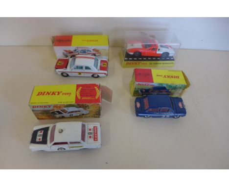 Four Dinky Toys diecast model rally and racing cars, 187 De Tomaso Magusta, 212 Ford Cortina Rally car, 205 Lotus Cortina ral