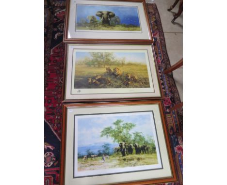 Three large David Shepherd prints, Storm over Africa, First light of Savuti and Amboseli  - all signed in pencil, largest fra