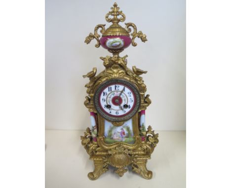 A French ormulu and porcelain mantle clock striking on a bell, 43cm tall, case has been repainted, runs but stops 