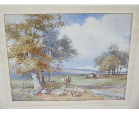 A John Bates Noel signed watercolour of sheep and a horse rider in a moorland landscape, inscribed to back board - Kempsey Co