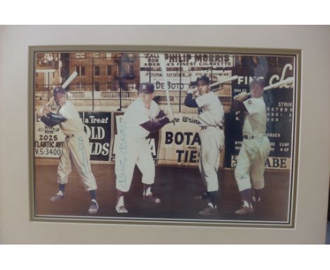 A signed print Baseball Centrefield shot, signed by Joe DiMaggio, Willie Mays, Mickley Mantle and Duke Snider, printed upon K