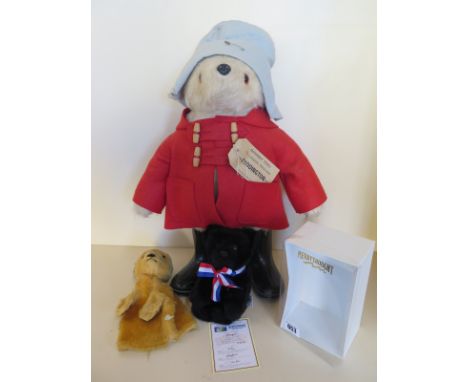 A Paddington Bear figure - 50cm tall, a Chad Valley Sweep hand puppet and a Merry thought bear 