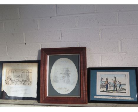 A sketch of Professor Smyths lecture room, Cambridge - 21cm x 24cm, a sketch entitled George Lewis 1788 - and a print Sappers