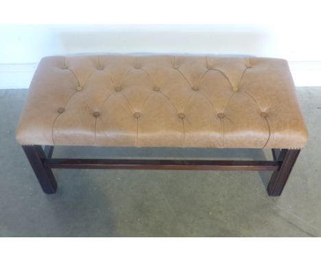 A button leather mahogany stool in good clean condition recently recovered - 39cm H x 93cm x 39cm 