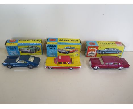 Three Corgi Toys diecast model cars, 247 Mercedes Benz 600 Pullman with moving windscreen wipers, 480 Chevrolet Taxi cab, 264