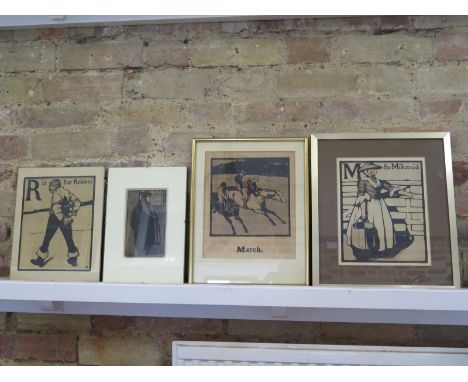 Four William Nicholson prints including R is for Robbers, M is for Milkmaid, March 
