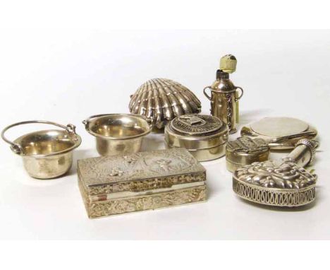 Two Egyptian silver small trinket boxes, one containing silver scarab beetles and ankh cross, also a silver patch box, a grou