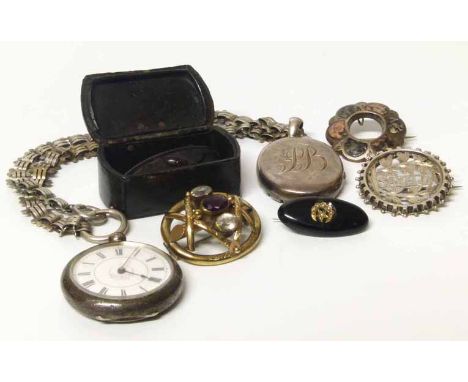 An assortment of Victorian jewellery including silver "Satella" brooch; hardstone brooch; silver pocket watch; silver locket 