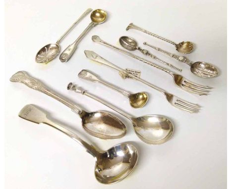 Collection of ten silver spoons to include a William IV ladle, condiment spoon etc. No condition reports for this sale
