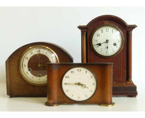 Edwardian mahogany and inlaid mantel clock, 8-day with white enamel dial, Smiths manel clock and Smiths 8-day Westminster chi