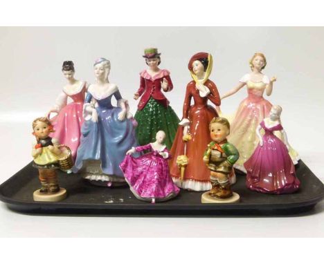 Four Royal Doulton ladies, a miniature lady, two Coalport figures and two Hummel figures. No condition reports for this sale