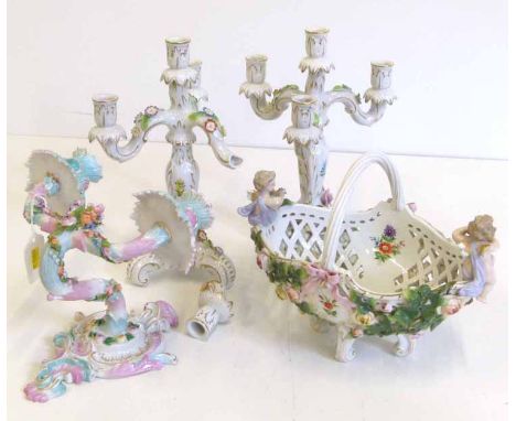 Dresden two branch porcelain wall light, two candelabra and a Sitzendorf basket. No condition reports for this sale