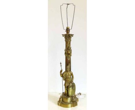 Reproduction corinthian column barss table lamp, the front decorated with Roman Centurian complete with shade. No condition r