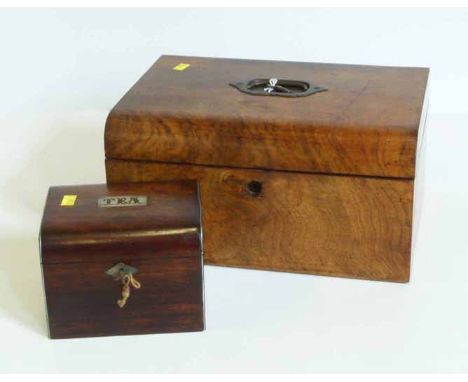19th century rosewood veneered tea caddy and a Victorian walnut work box. No condition reports for this sale
