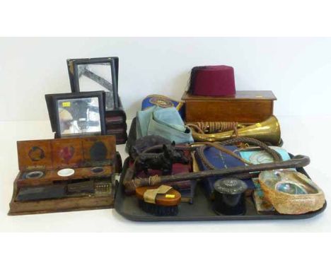 Collection of mixed wood/metal ware including Masonic items, bugle, riding crop, two folding mirrors taking the appearance of