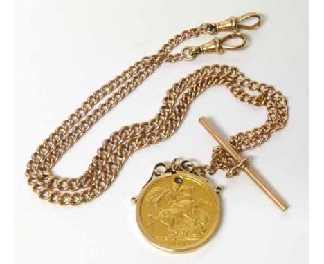 A 9ct gold double watch Albert chain with a full sovereign gold coin fob, dated 1889, (note coin has been drilled) total weig