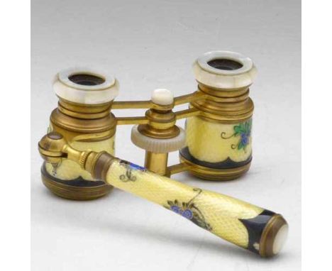 French gilt metal and enamel opera glasses with pearl eyepieces and folding handle, inscribed Jumelle Carpentier. No conditio