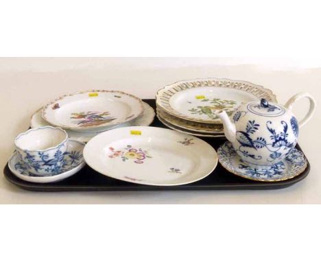 Meissen porcelain to include seven plates, teapot and cup and saucers, 18th century to early 20th century. No condition repor