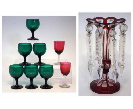 Victorian ruby glass lustre, six green wine glasses and a pair of red glasses No condition reports for this sale