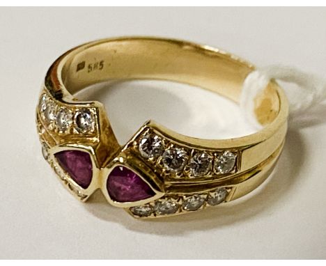 14CT GOLD DIAMOND &amp; RUBY RING - APPROX 5.3 GRAMS SIZE R