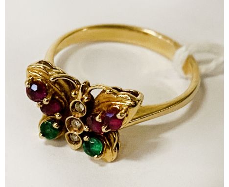 18CT GOLD RUBY,EMERALD &amp; DIAMOND RING - SIZE L - 3.7 GRAMS APPROX