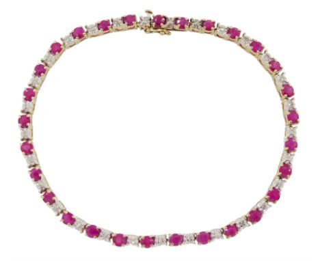 9ct gold round ruby and diamond link bracelet, hallmarked