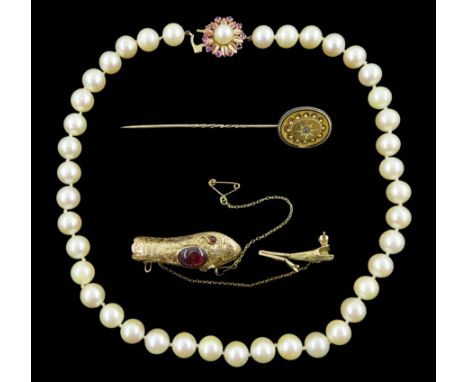 Victorian gold cabochon snake brooch, gold diamond mourning pin the reverse inscribed 'In memory of Mary Rogerson..31st March