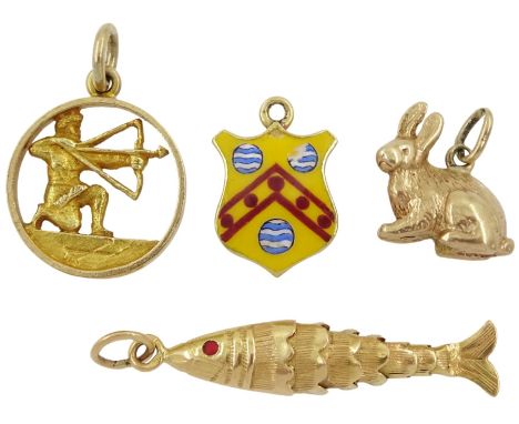Gold articulated fish charm and gold enamel coat of arms, both 18ct and two 9ct gold rabbit and man with bow and arrow charms