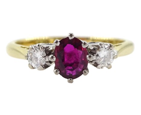 Gold three stone oval ruby and diamond ring, stamped 18ct, ruby approx 0.55 carat