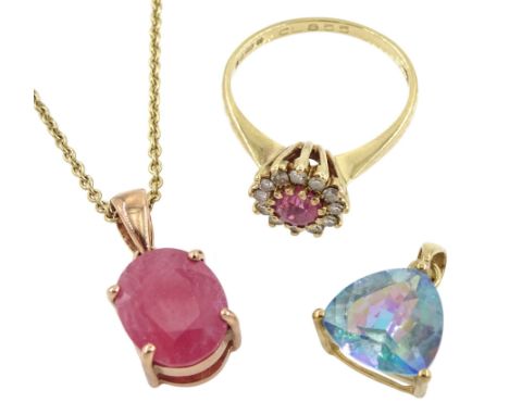 9ct gold single stone ruby pendant necklace, gold mystic topaz pendant and a pink stone set and diamond cluster ring, hallmar