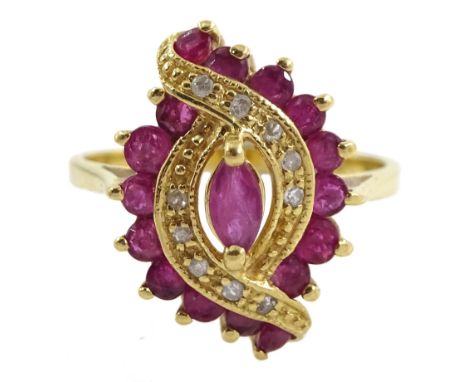 18ct gold ruby and diamond crossover marquise shaped ring