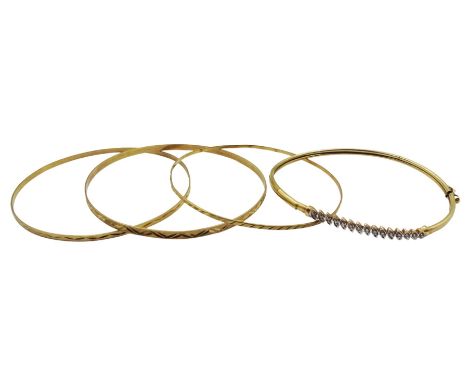Gold diamond chip bangle and three other gold bangles with engraved decoration, all 9ct, stamped or hallmarked, approx 13.65g