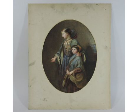 Continental School, (19th century), portrait of two young girls, watercolour, in an oval mount, 42 x 32cm, unframed
