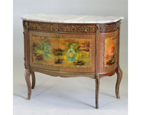 A 19th century style French marble top commode, with gilt metal mounts, the shaped marble top above two short drawers, decora