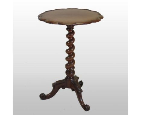 A 19th century hardwood occasional table, the petal top on a barley twist column and tripod base, 49cm