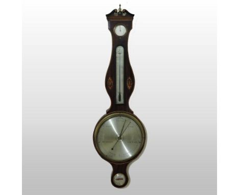 A 19th century mahogany cased wheel barometer, the swan neck pediment centred by a brass finial, the case with boxwood string