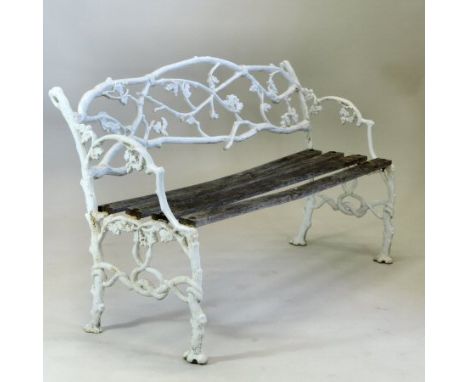 A Coalbrookdale style white painted cast iron garden bench, of twig, oak leaf and snake design, with a slatted wooden seat, 1